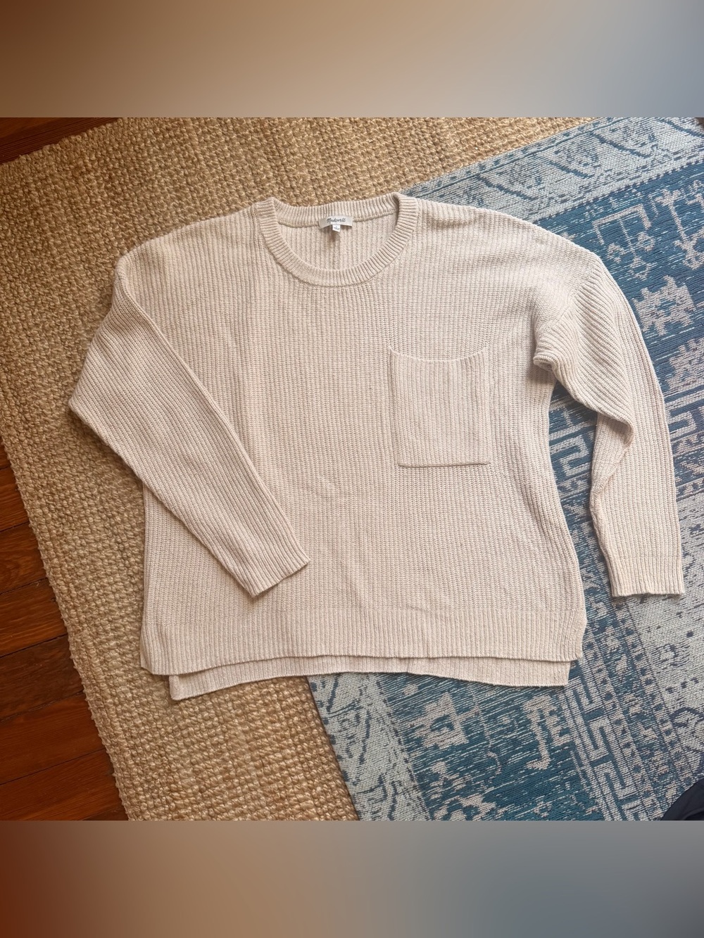 Madewell Cream Ribbed Crewneck Sweater with Pocket Detail